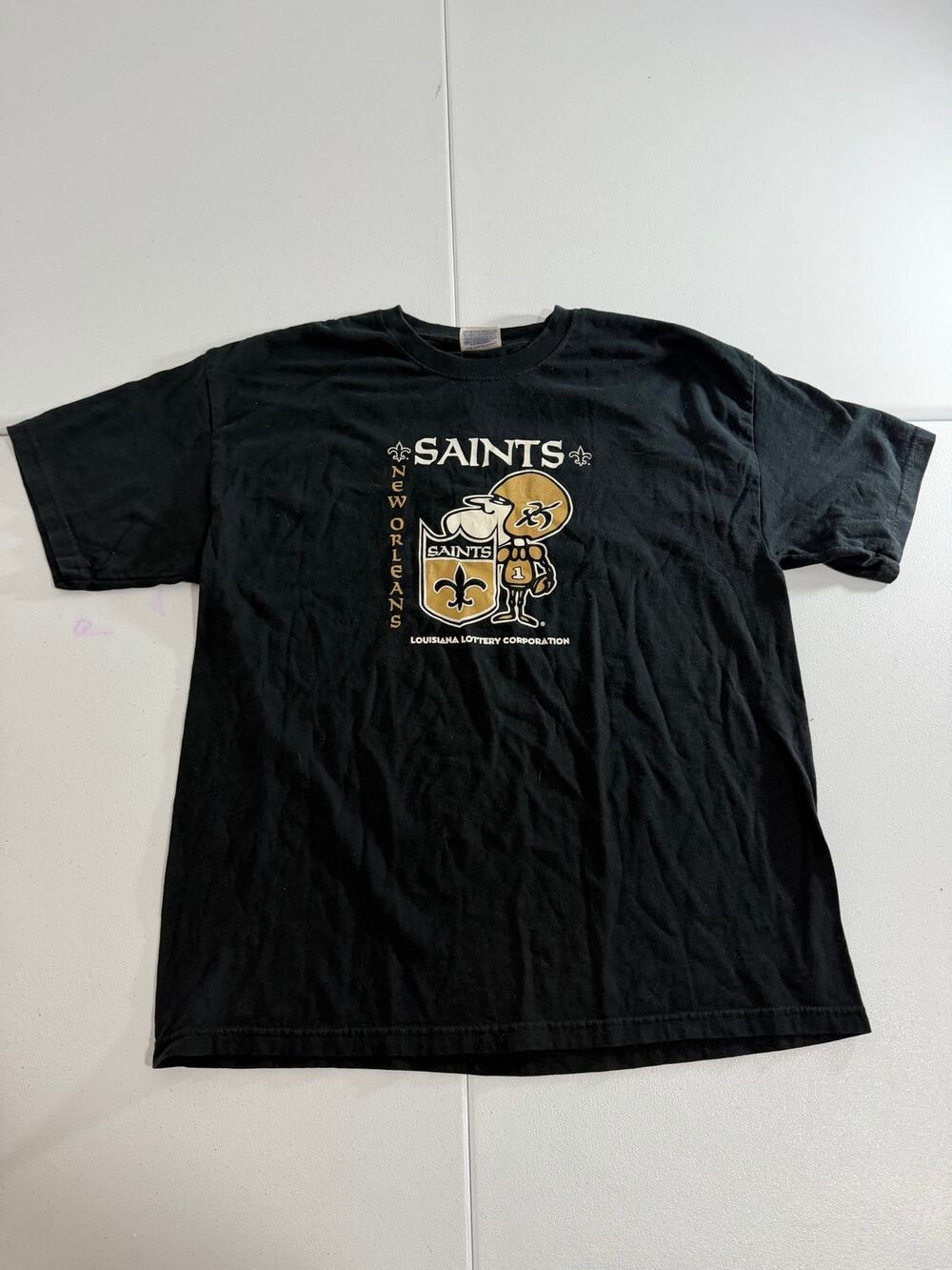 New Orleans Saints T Shirt Mens L Black Louisiana Lottery NFL Vintage Graphic